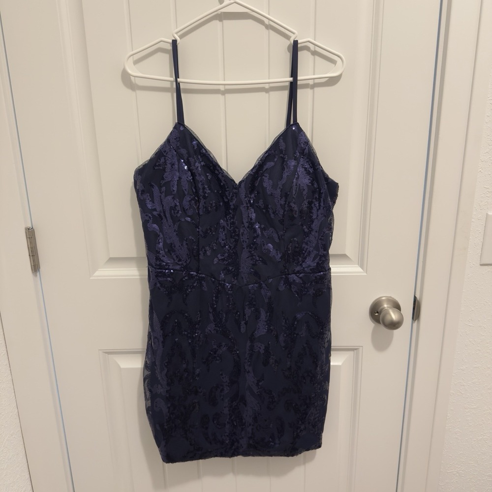 Wenkafo Women's Navy Sequin Spaghetti Strap Special Occasion Short Dress Size 14